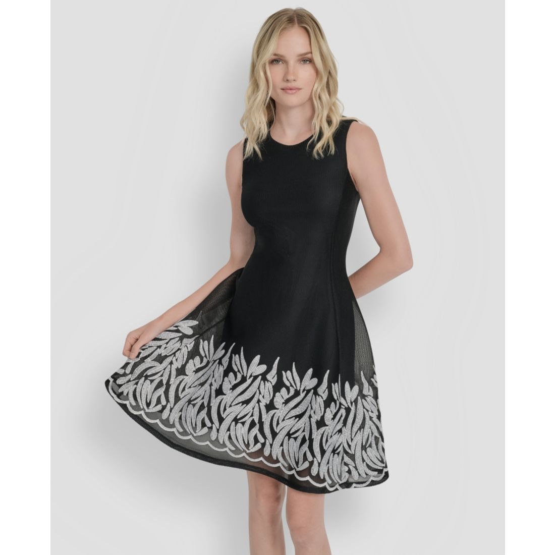 Dkny Embroidered Mesh Sleeveless Fit-and-flare Dress