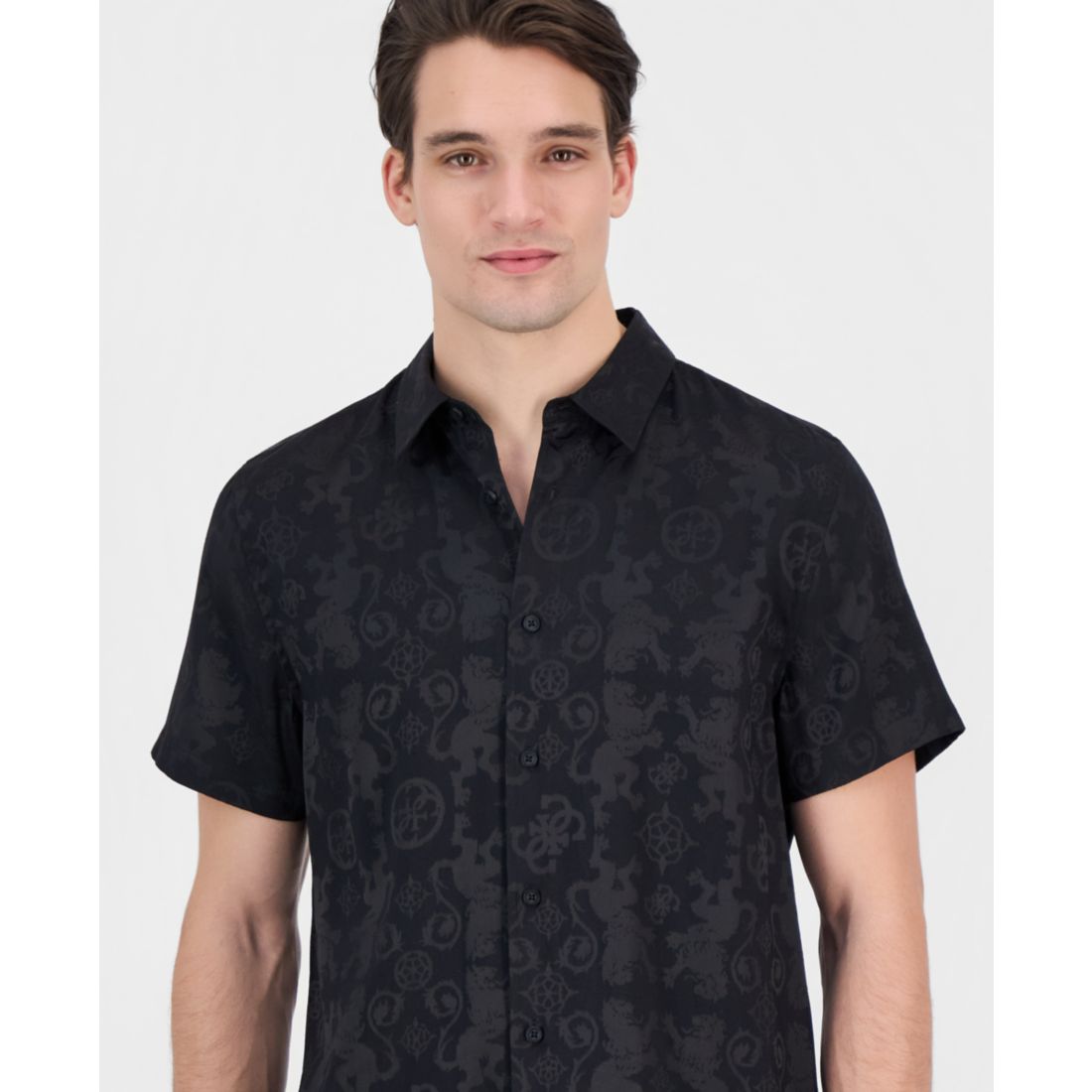 Guess Men's Lion Peony Jacquard Short-Sleeve Button-Front Shirt