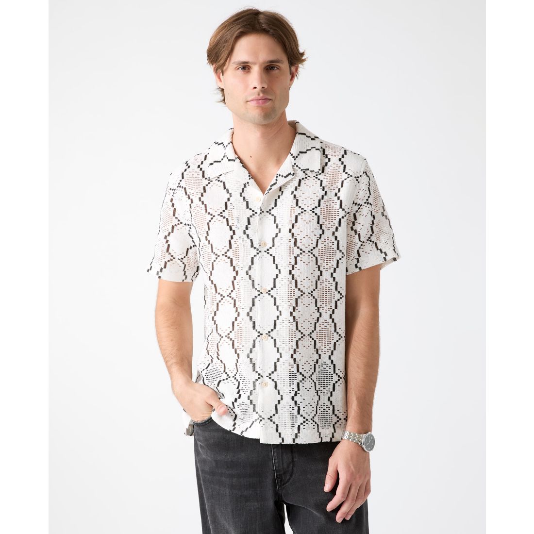 Guess Men's Carter Geometric Crochet Resort Shirt