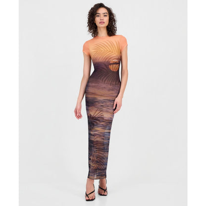 Guess Women's Short-Sleeve Beach Sunset Mesh Maxi Dress