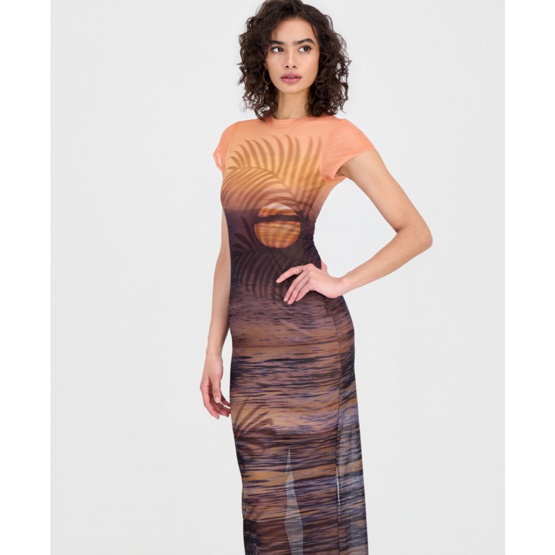 Guess Women's Short-Sleeve Beach Sunset Mesh Maxi Dress