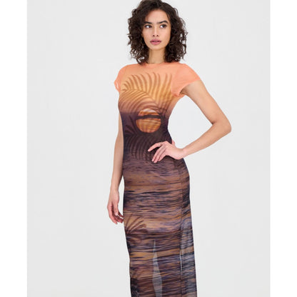 Guess Women's Short-Sleeve Beach Sunset Mesh Maxi Dress