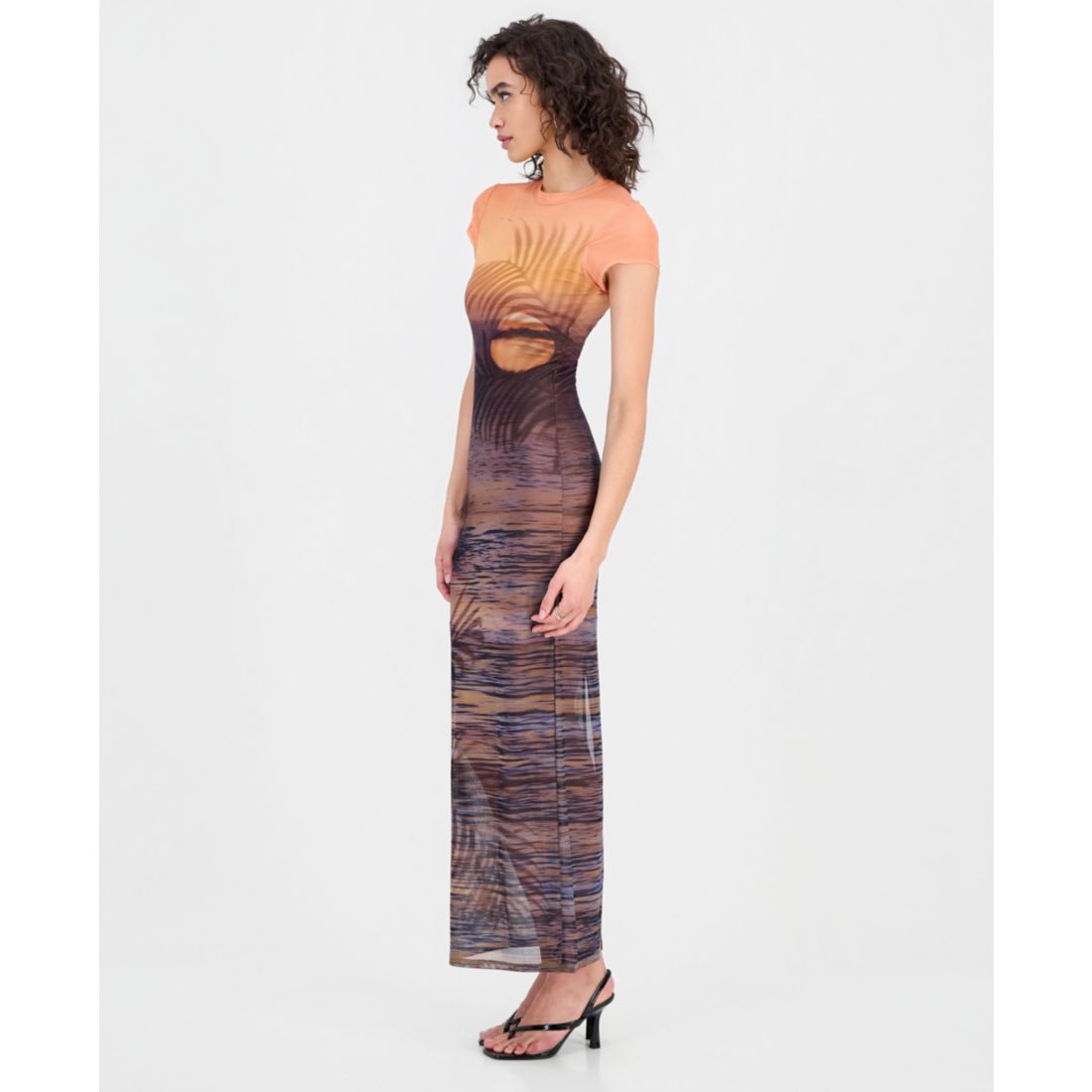 Guess Women's Short-Sleeve Beach Sunset Mesh Maxi Dress