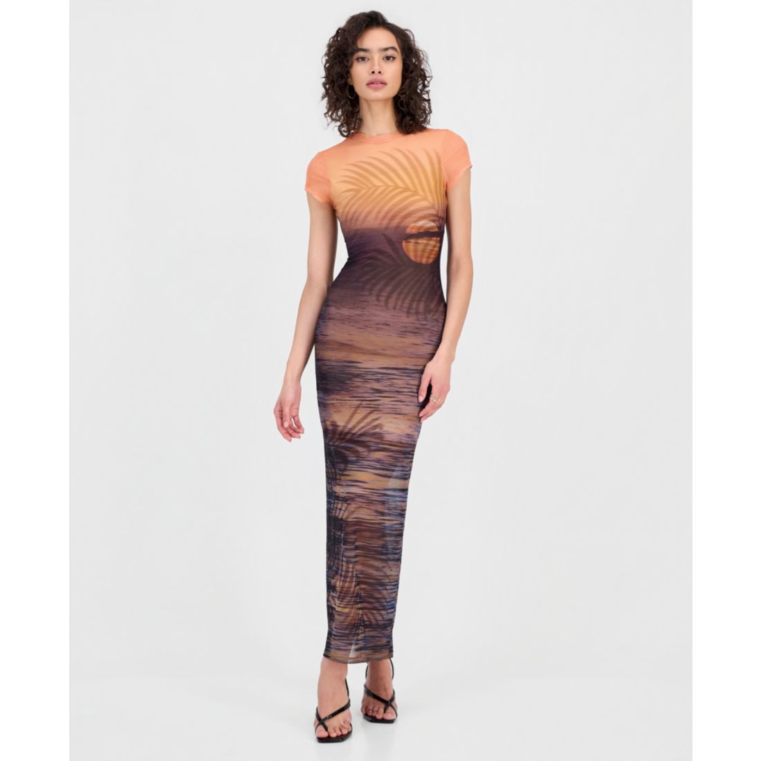Guess Women's Short-Sleeve Beach Sunset Mesh Maxi Dress