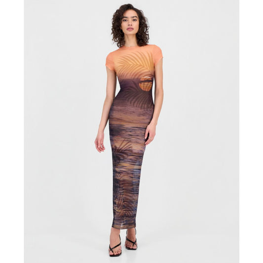 Guess Women's Short-Sleeve Beach Sunset Mesh Maxi Dress