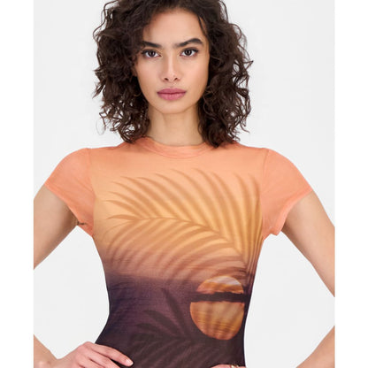 Guess Women's Short-Sleeve Beach Sunset Mesh Maxi Dress