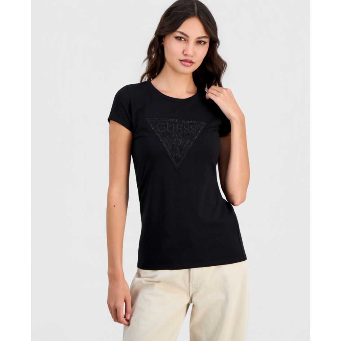 Guess Women's Triangle Lace Logo Short-Sleeve T-Shirt