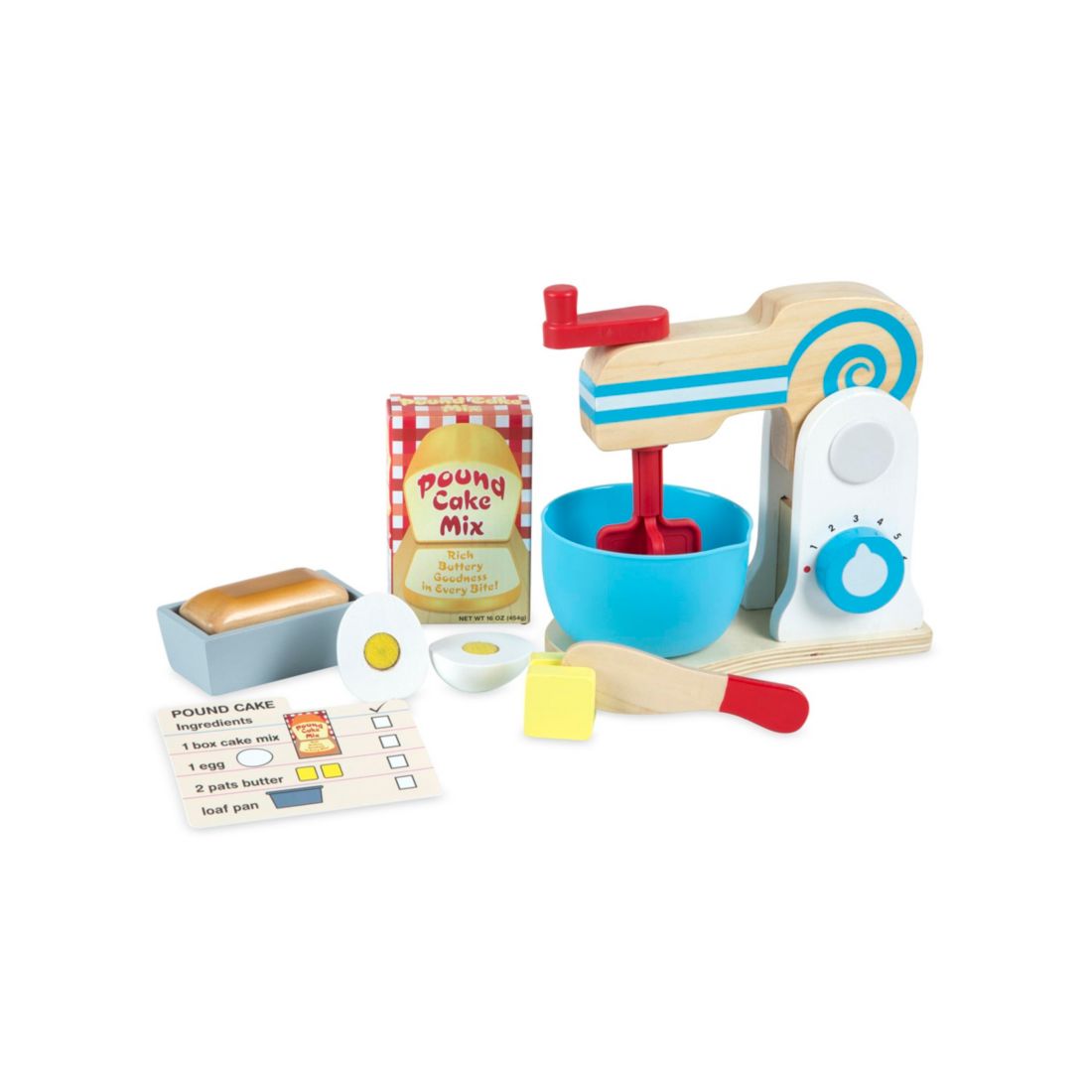 Melissa & Doug Wooden Make-a-Cake Mixer Set (11 pcs) - Play Food and Kitchen Accessories