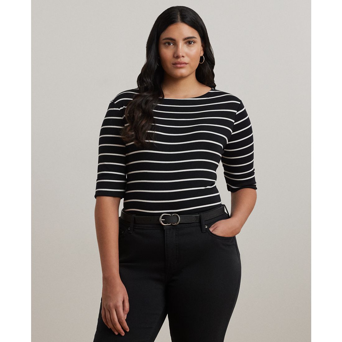 Lauren Ralph Lauren Plus Size Striped Cotton Boatneck T-Shirt