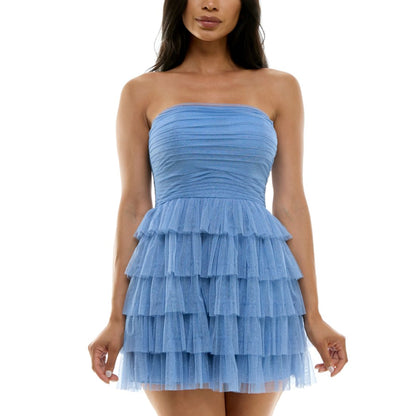 B Darlin Juniors' Strapless Side-Shirred Tiered Glitter Mini Dress