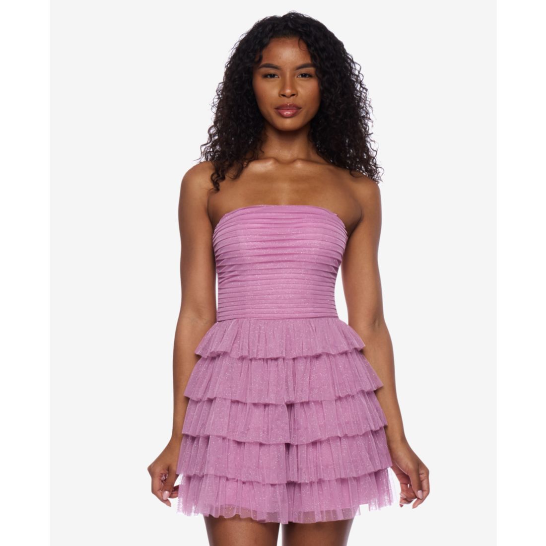 B Darlin Juniors' Strapless Side-Shirred Tiered Glitter Mini Dress