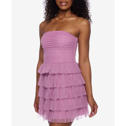 B Darlin Juniors' Strapless Side-Shirred Tiered Glitter Mini Dress