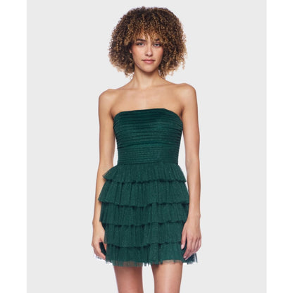 B Darlin Juniors' Strapless Side-Shirred Tiered Glitter Mini Dress