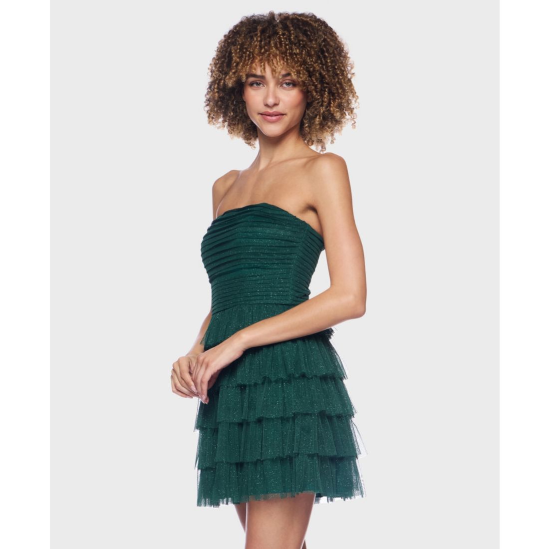B Darlin Juniors' Strapless Side-Shirred Tiered Glitter Mini Dress
