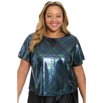 Muse Plus Size Sequin Detail Jewel Neck Top