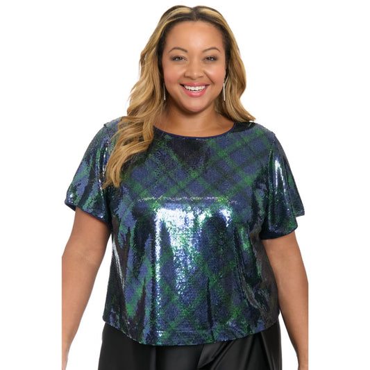 Muse Plus Size Sequin Detail Jewel Neck Top