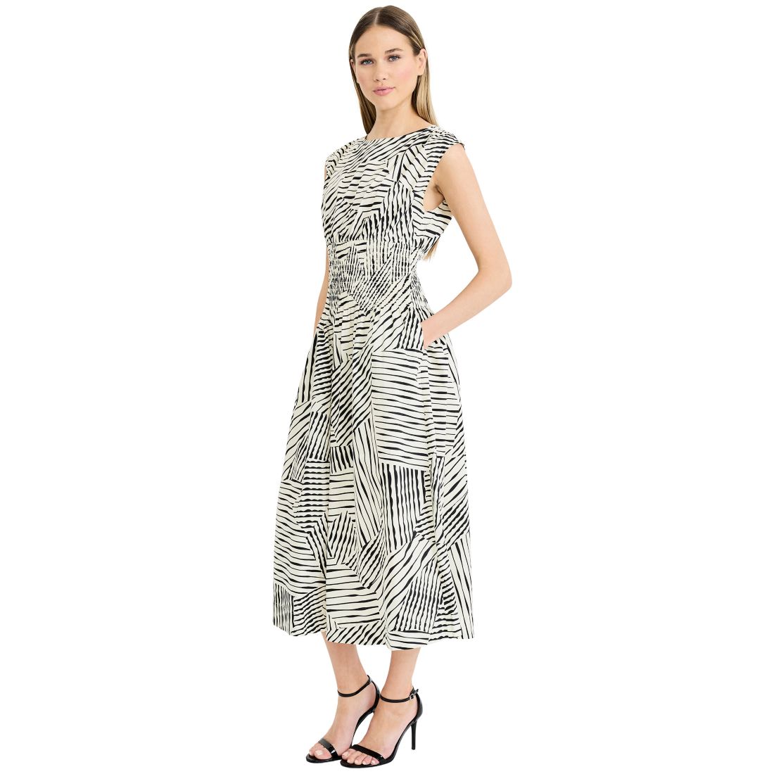 Luxely Women's Printed Boat Neck Sleeveless Midi Dress