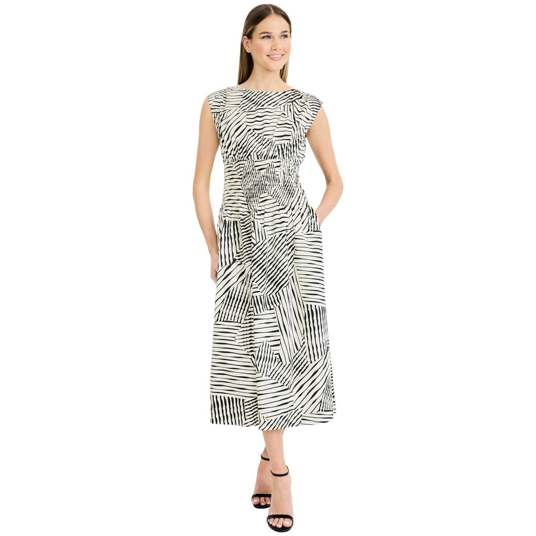 Luxely Women's Printed Boat Neck Sleeveless Midi Dress