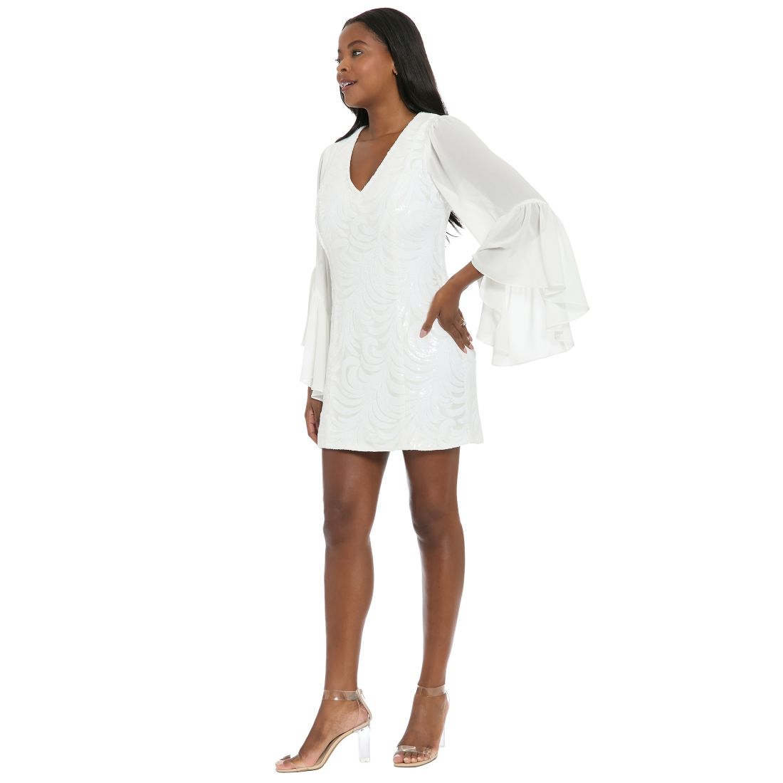 ivy + blu Women's Sheer Flounce Sleeve V-Neck Mini Dress
