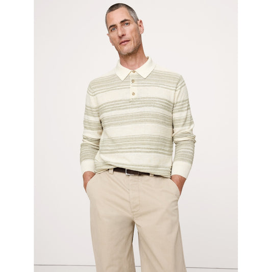 Men's Stripe Cotton-Linen Sweater Polo Shirt
