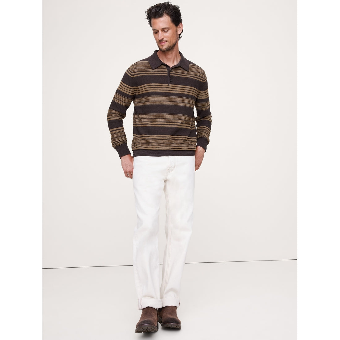 Men's Stripe Cotton-Linen Sweater Polo Shirt