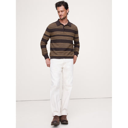 Men's Stripe Cotton-Linen Sweater Polo Shirt
