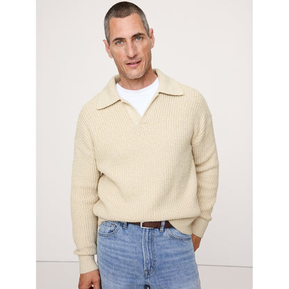Men's Chunky Cotton-Blend Sweater Polo Shirt