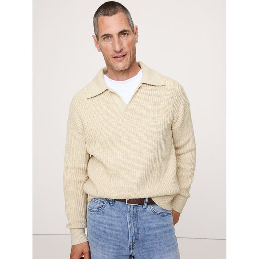Men's Chunky Cotton-Blend Sweater Polo Shirt