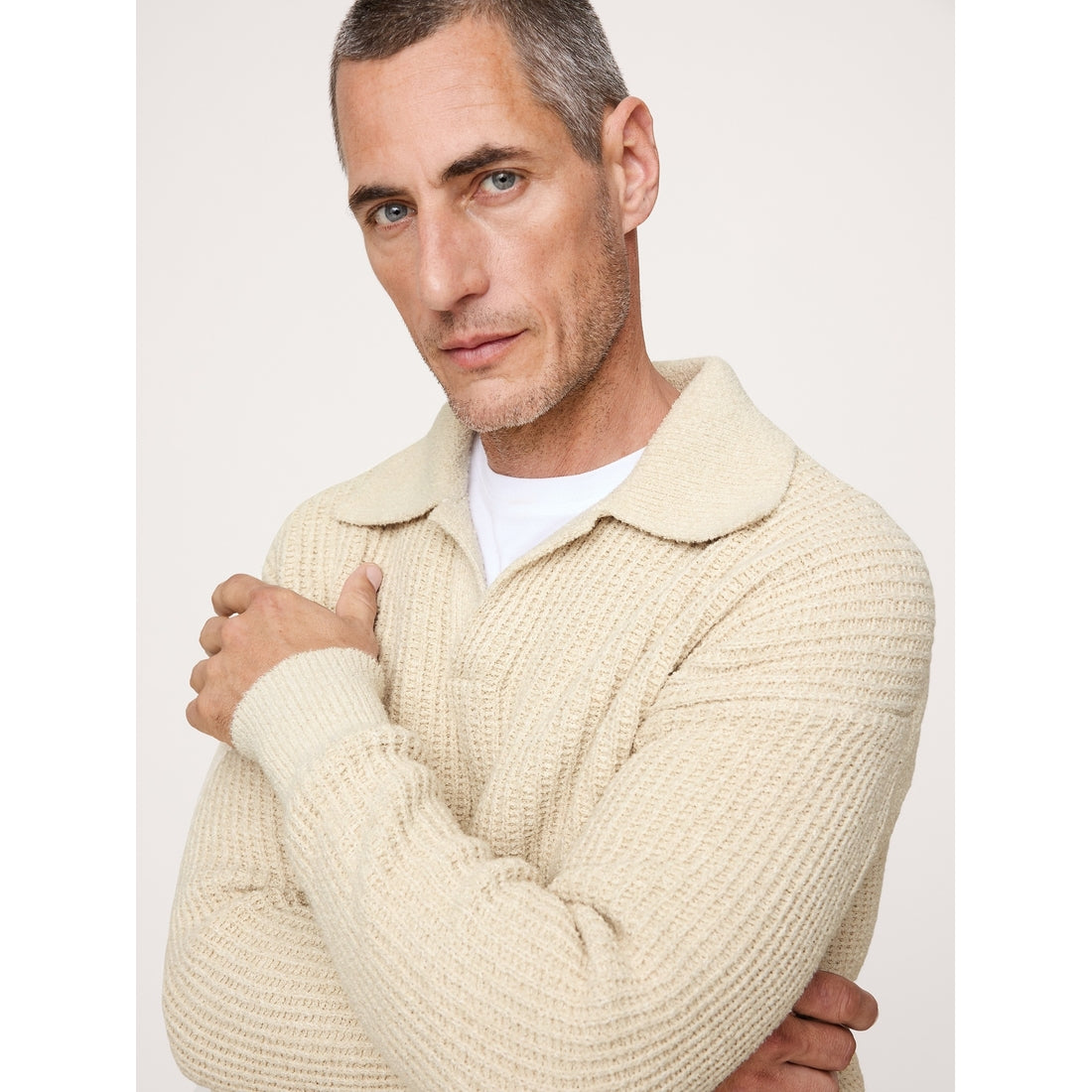 Men's Chunky Cotton-Blend Sweater Polo Shirt