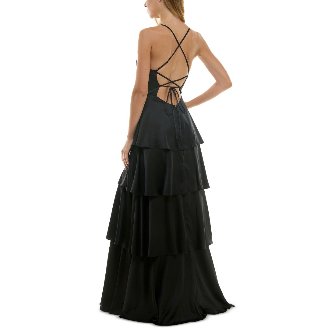 City Studios Juniors' Cowlneck Tiered Slit-Front Gown