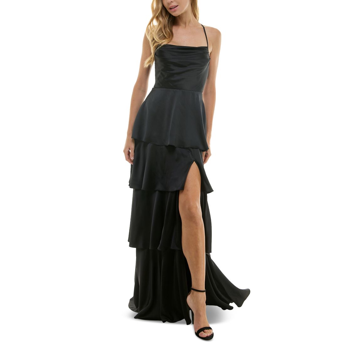 City Studios Juniors' Cowlneck Tiered Slit-Front Gown