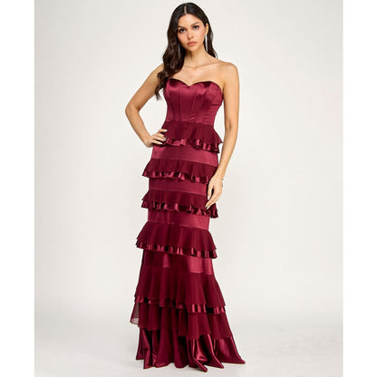 City Studios Juniors' Strapless Corset Ruffle Tier Slim Gown
