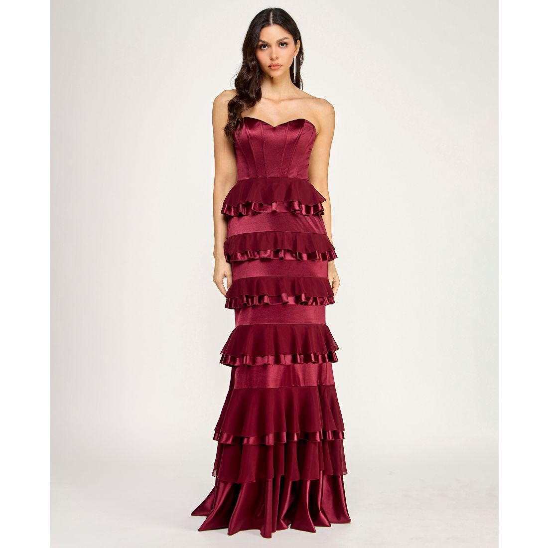 City Studios Juniors' Strapless Corset Ruffle Tier Slim Gown