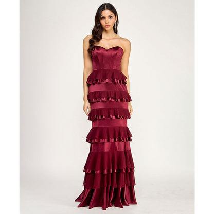 City Studios Juniors' Strapless Corset Ruffle Tier Slim Gown