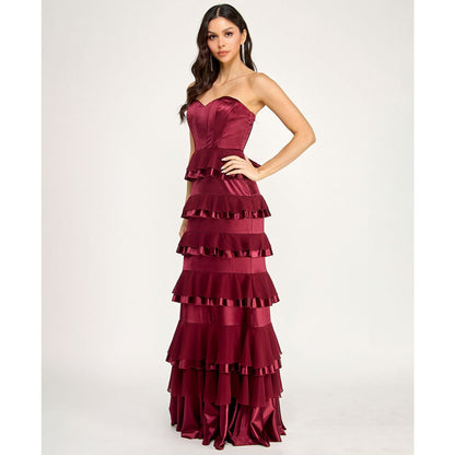 City Studios Juniors' Strapless Corset Ruffle Tier Slim Gown