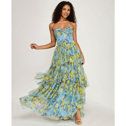 City Studios Women's Strapless Sweetheart Neck Floral Maxi Dress