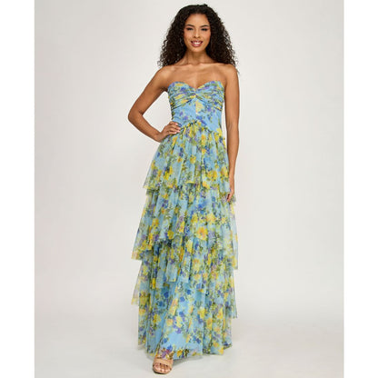 City Studios Women's Strapless Sweetheart Neck Floral Maxi Dress