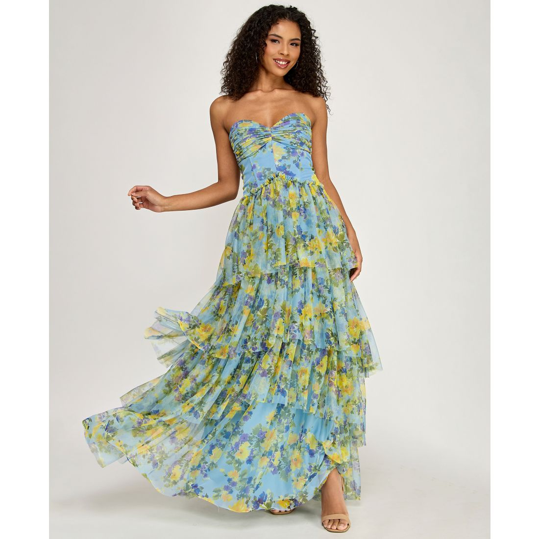 City Studios Women's Strapless Sweetheart Neck Floral Maxi Dress