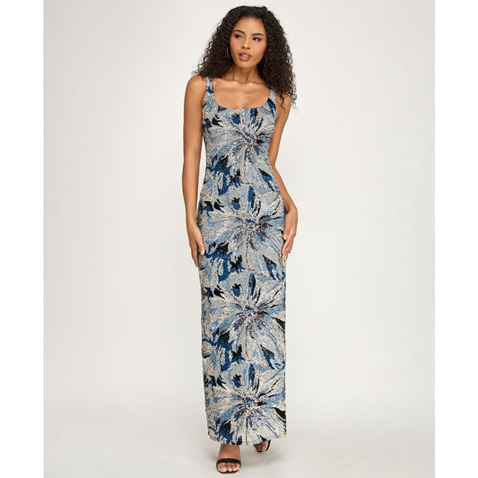 City Studios Women's Sequin Square-Neck Maxi Dress