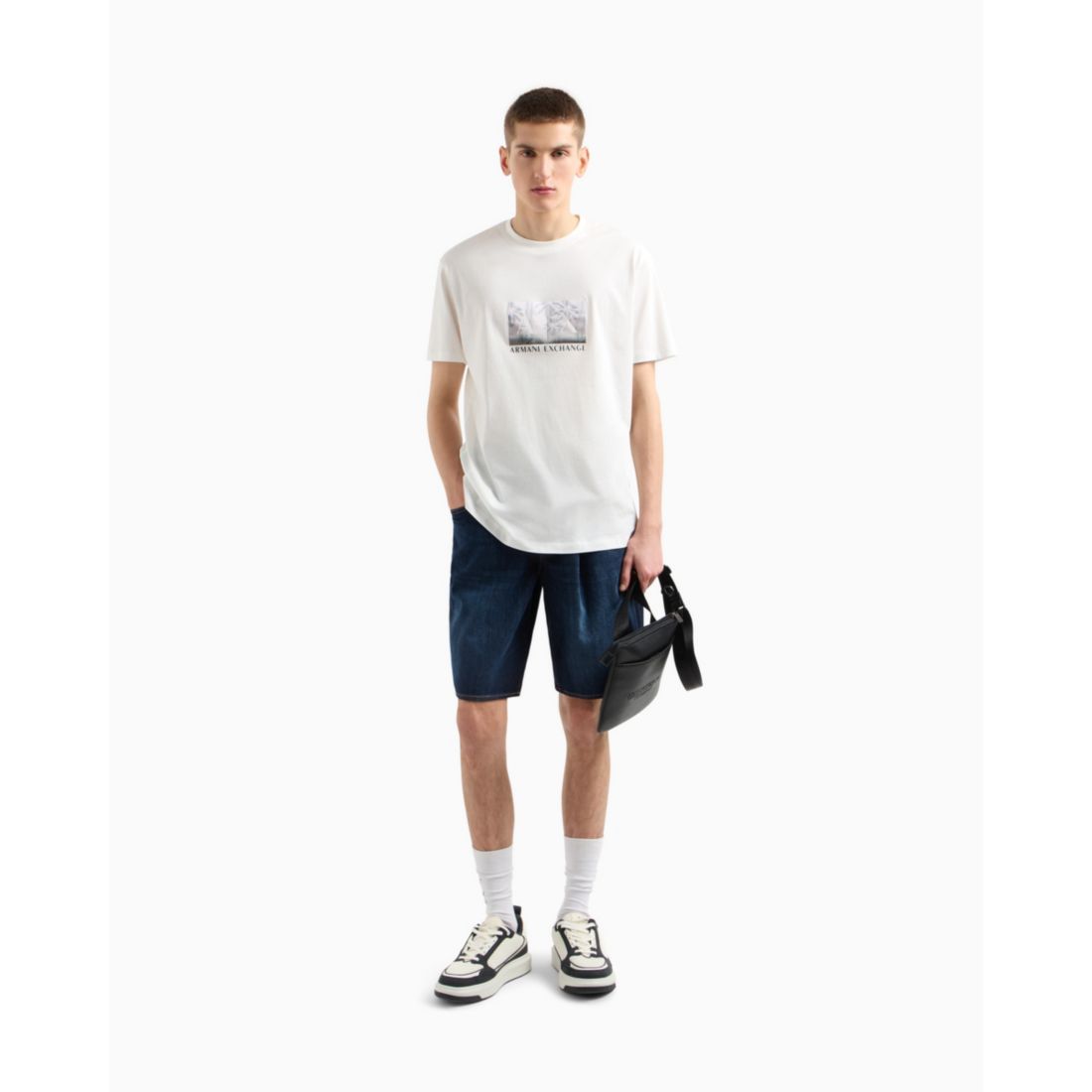 A|X Armani Exchange Men's Short Sleeve Crewneck Palm Tree Logo Graphic T-Shirt