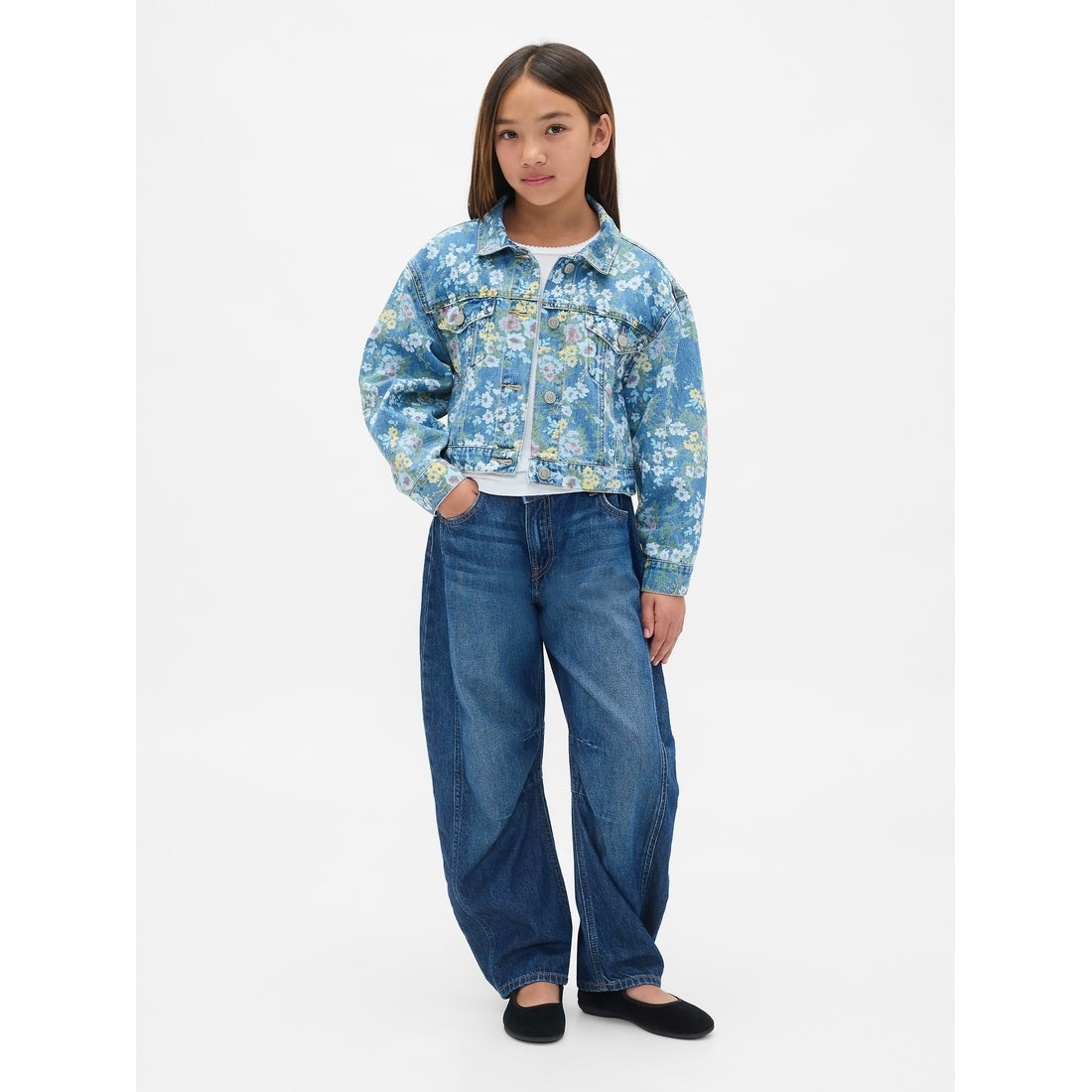 Girls' Balloon-Sleeve Floral Denim Jacket