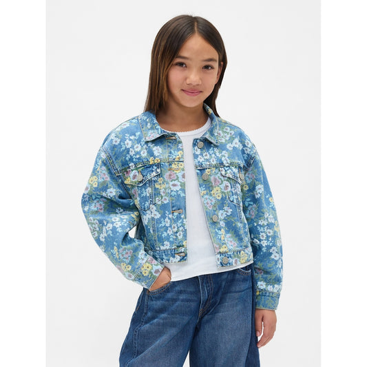 Girls' Balloon-Sleeve Floral Denim Jacket