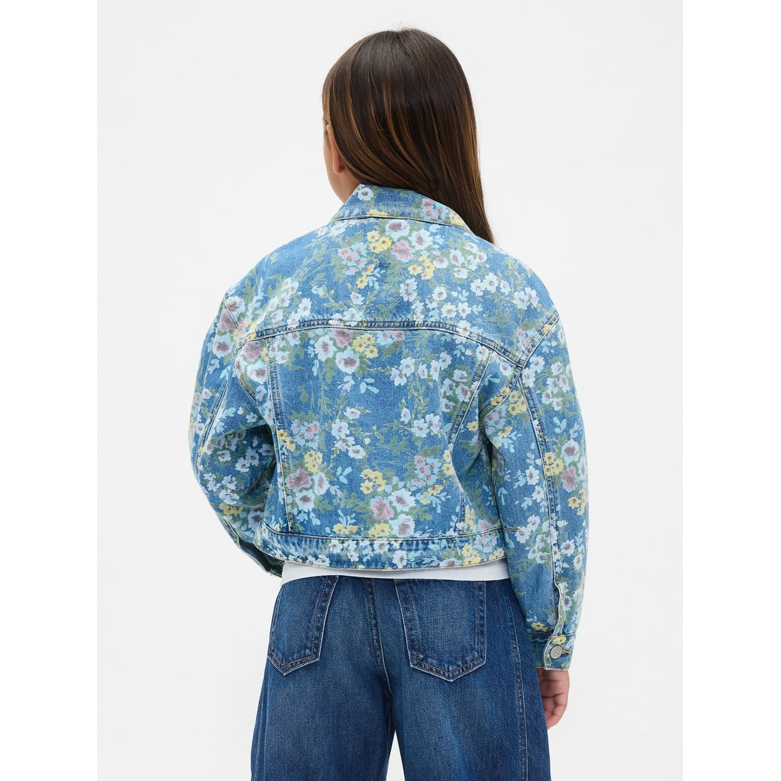 Girls' Balloon-Sleeve Floral Denim Jacket