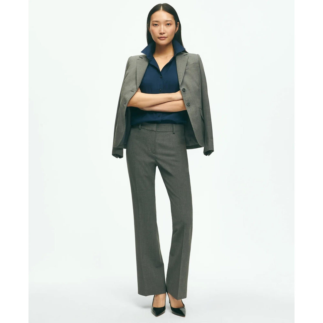 The Essentials Brooks Brothers Stretch Wool Flare Leg Trousers
