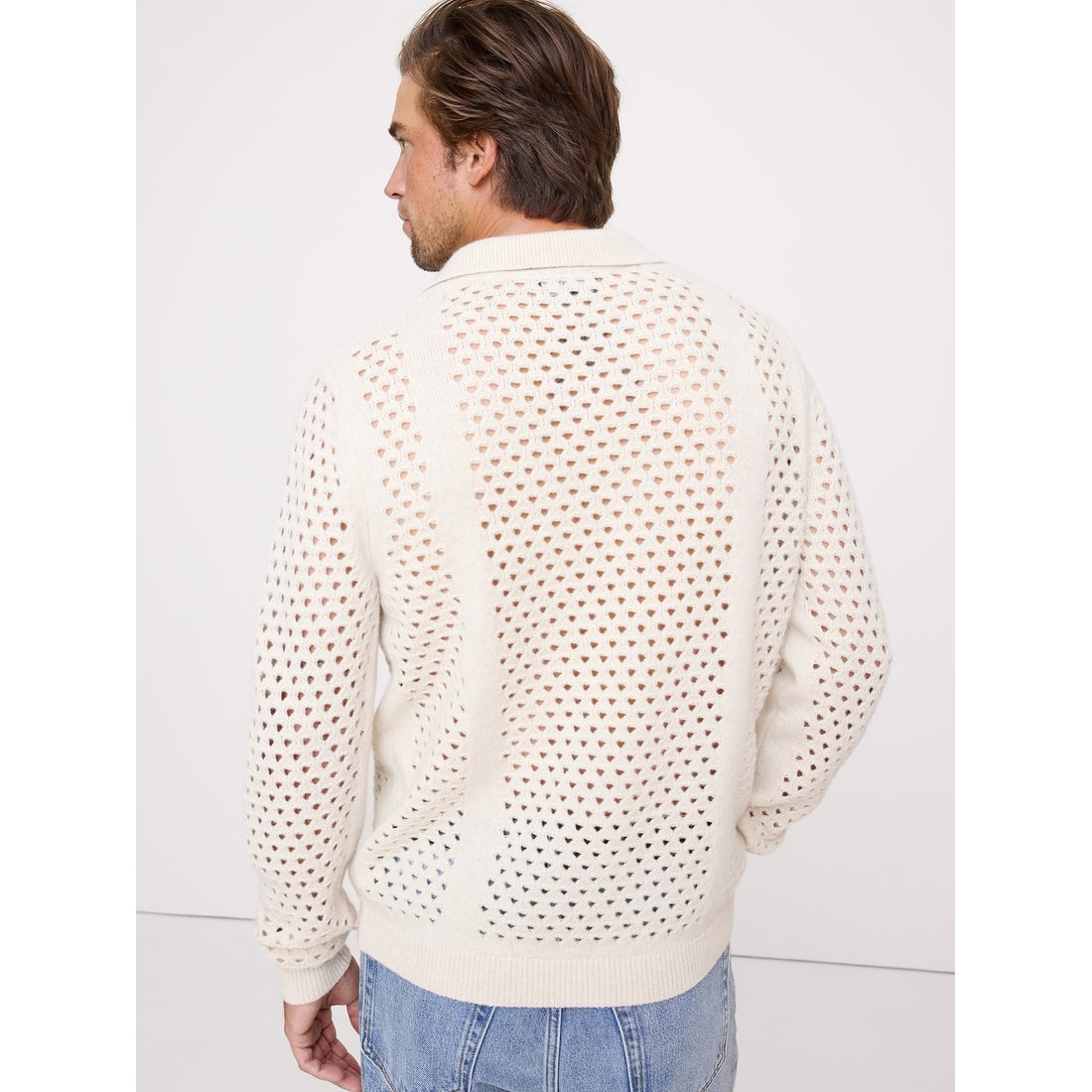 Men's Italian Wool-Blend Mesh Sweater Polo Shirt