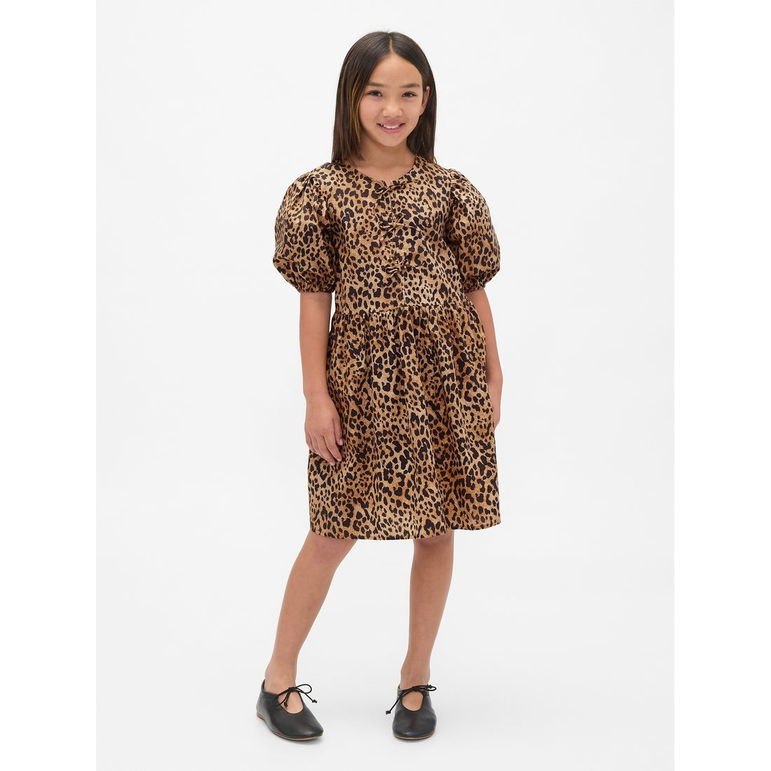 Girls' Poplin Puff-Sleeve Leopard Dress