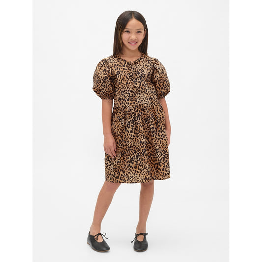 Girls' Poplin Puff-Sleeve Leopard Dress