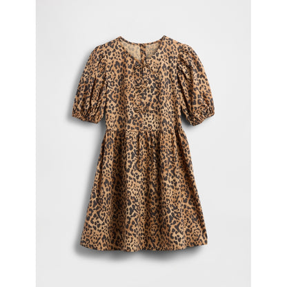 Girls' Poplin Puff-Sleeve Leopard Dress