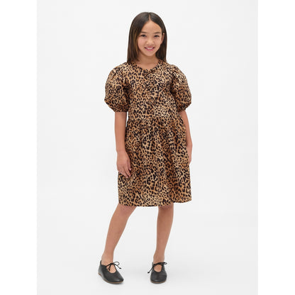 Girls' Poplin Puff-Sleeve Leopard Dress
