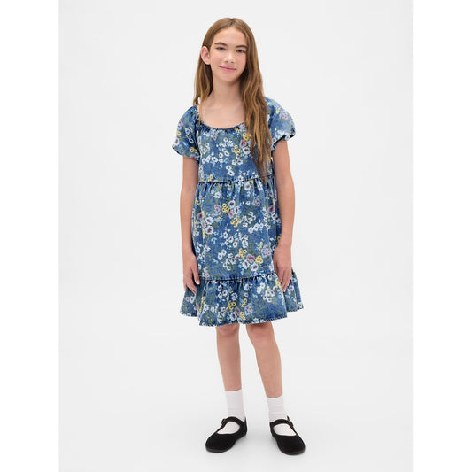 Girls' Denim Puff-Sleeve Floral Dress